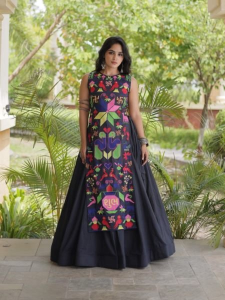 Bohemian Black Traditional Cora Cotton Lehenga Choli with Gamthi Thread Work 