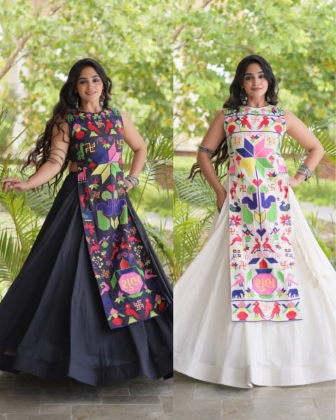 Bohemian Black Traditional Cora Cotton Lehenga Choli with Gamthi Thread Work Navratri Lehnega Choli