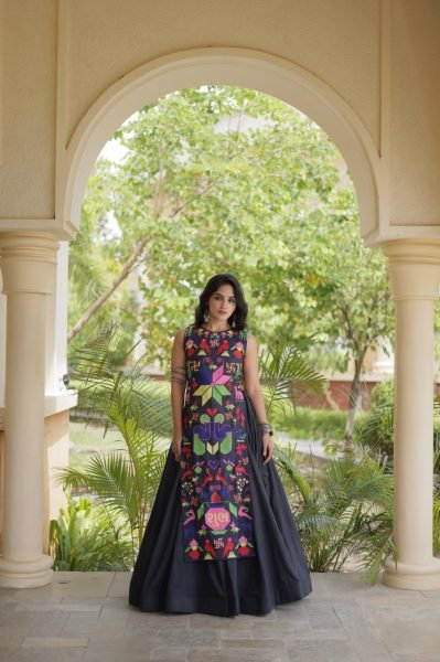 Bohemian Black Traditional Cora Cotton Lehenga Choli with Gamthi Thread Work Navratri Lehnega Choli