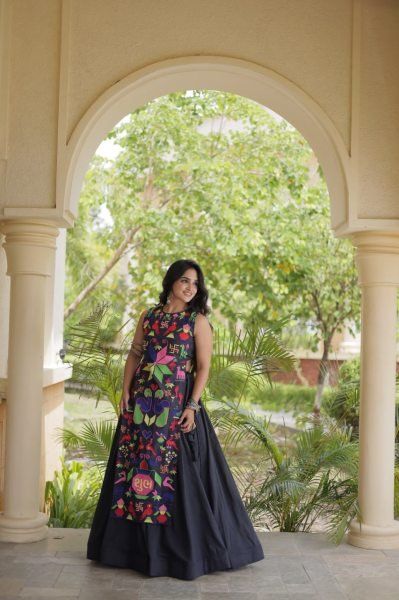 Bohemian Black Traditional Cora Cotton Lehenga Choli with Gamthi Thread Work Navratri Lehnega Choli