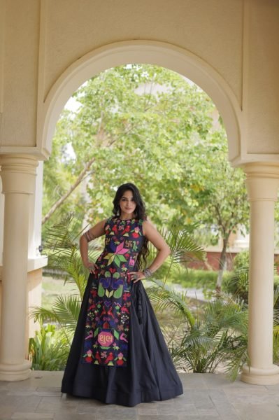 Bohemian Black Traditional Cora Cotton Lehenga Choli with Gamthi Thread Work Navratri Lehnega Choli