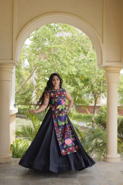 Bohemian Black Traditional Cora Cotton Lehenga Choli with Gamthi Thread Work Navratri Lehnega Choli