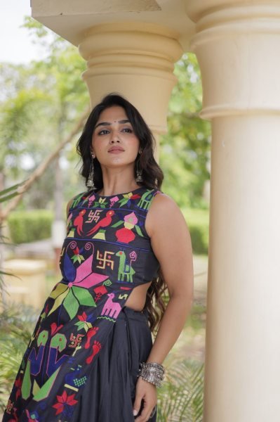 Bohemian Black Traditional Cora Cotton Lehenga Choli with Gamthi Thread Work Navratri Lehnega Choli