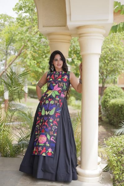 Bohemian Black Traditional Cora Cotton Lehenga Choli with Gamthi Thread Work Navratri Lehnega Choli