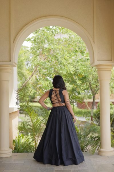 Bohemian Black Traditional Cora Cotton Lehenga Choli with Gamthi Thread Work Navratri Lehnega Choli