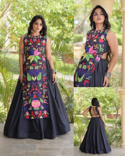 Bohemian Black Traditional Cora Cotton Lehenga Choli with Gamthi Thread Work Navratri Lehnega Choli
