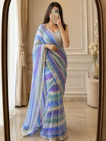Bohemian Blue Designer Fendy Satin Silk Printed Saree with Swarovski Diamond Work Sarees 