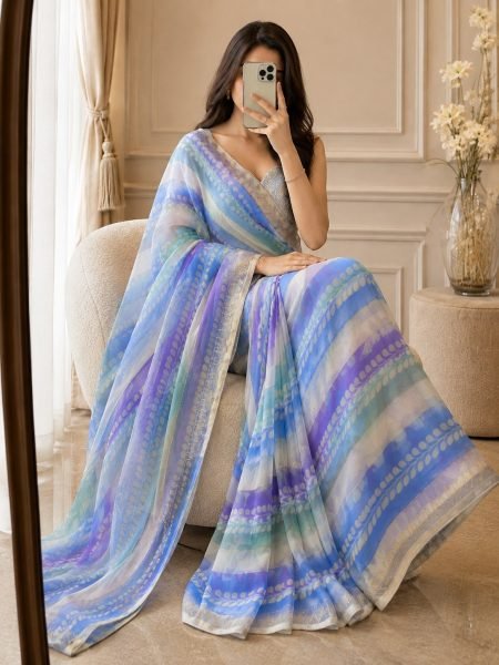 Bohemian Blue Designer Fendy Satin Silk Printed Saree with Swarovski Diamond Work Silk Sarees Wholesale