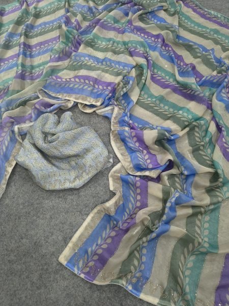 Bohemian Blue Designer Fendy Satin Silk Printed Saree with Swarovski Diamond Work Silk Sarees Wholesale