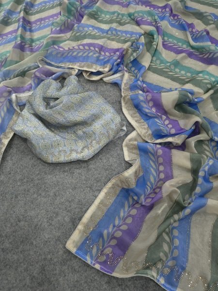 Bohemian Blue Designer Fendy Satin Silk Printed Saree with Swarovski Diamond Work Silk Sarees Wholesale