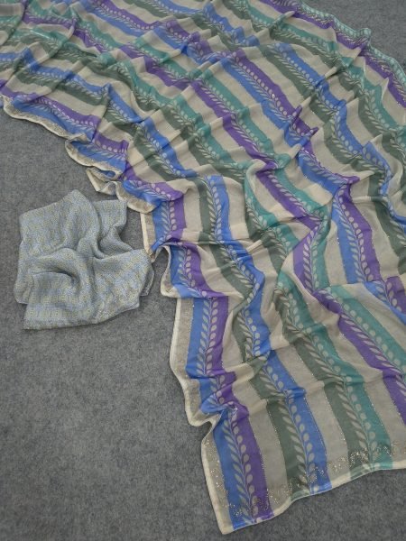Bohemian Blue Designer Fendy Satin Silk Printed Saree with Swarovski Diamond Work Silk Sarees Wholesale