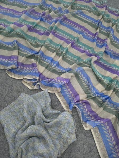 Bohemian Blue Designer Fendy Satin Silk Printed Saree with Swarovski Diamond Work Silk Sarees Wholesale