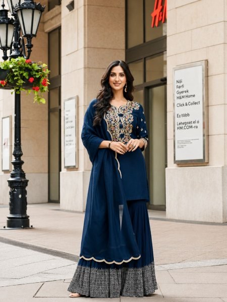 Bohemian Blue Vichitra Silk Kurti Palazzo Set with Thread Embroidery for Festive Wear 