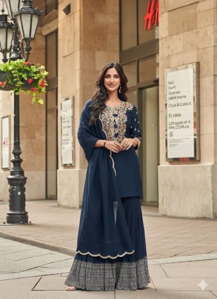 Bohemian Blue Vichitra Silk Kurti Palazzo Set with Thread Embroidery for Festive Wear Sharara Set