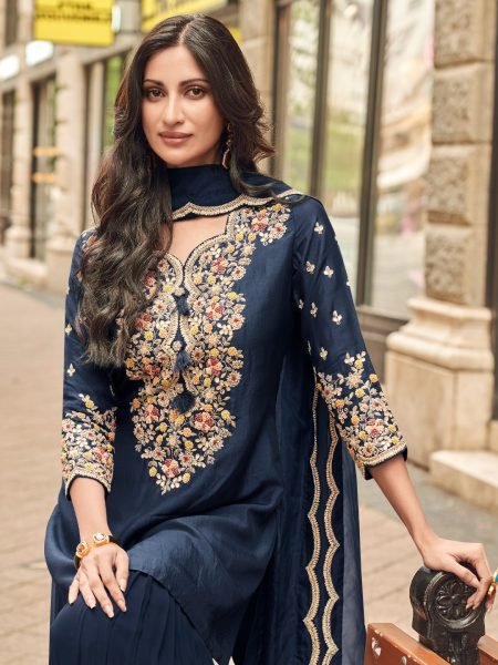 Bohemian Blue Vichitra Silk Kurti Palazzo Set with Thread Embroidery for Festive Wear Sharara Set
