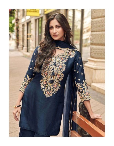 Bohemian Blue Vichitra Silk Kurti Palazzo Set with Thread Embroidery for Festive Wear Sharara Set