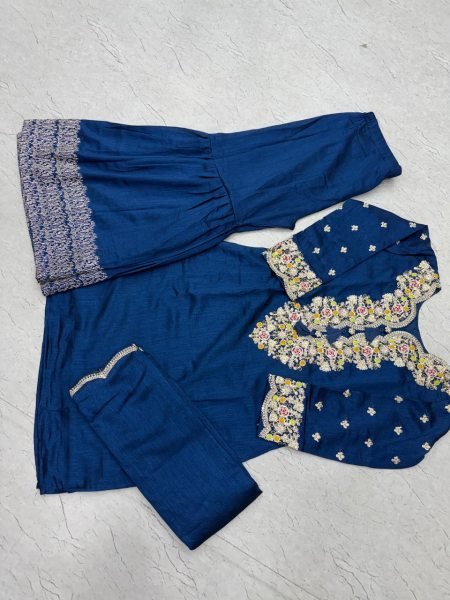 Bohemian Blue Vichitra Silk Kurti Palazzo Set with Thread Embroidery for Festive Wear Sharara Set