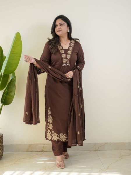 Regal Brown Cotton Kurti with Pant and Dupatta for Everyday Ethnic Wear Kurtis