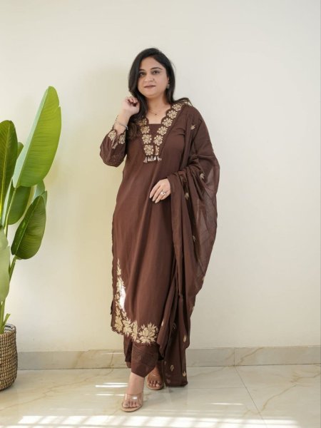 Regal Brown Cotton Kurti with Pant and Dupatta for Everyday Ethnic Wear Cotton Kurtis Wholesale