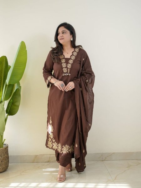 Regal Brown Cotton Kurti with Pant and Dupatta for Everyday Ethnic Wear Cotton Kurtis Wholesale