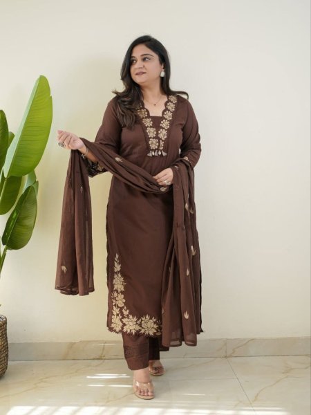 Regal Brown Cotton Kurti with Pant and Dupatta for Everyday Ethnic Wear Cotton Kurtis Wholesale