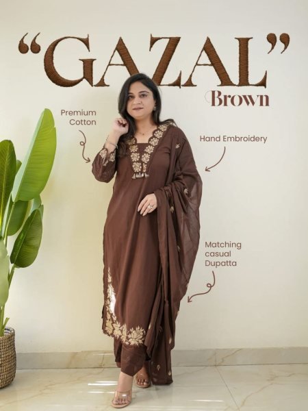 Regal Brown Cotton Kurti with Pant and Dupatta for Everyday Ethnic Wear Cotton Kurtis Wholesale