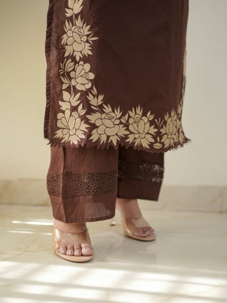 Regal Brown Cotton Kurti with Pant and Dupatta for Everyday Ethnic Wear Cotton Kurtis Wholesale