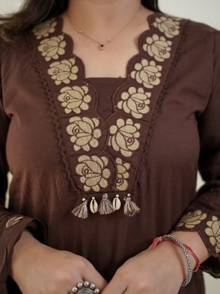 Regal Brown Cotton Kurti with Pant and Dupatta for Everyday Ethnic Wear Cotton Kurtis Wholesale