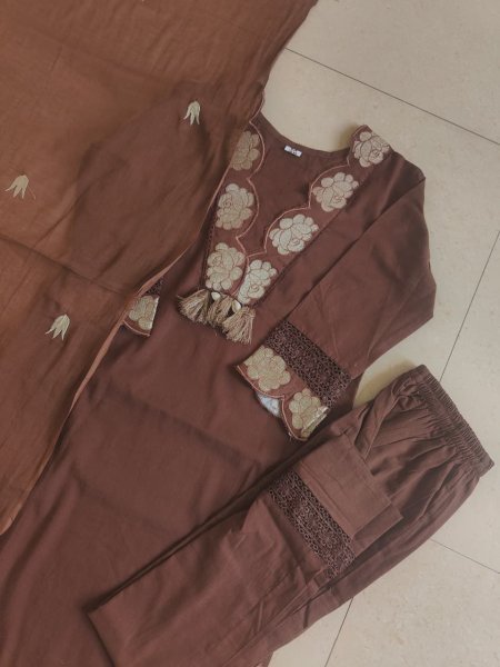 Regal Brown Cotton Kurti with Pant and Dupatta for Everyday Ethnic Wear Cotton Kurtis Wholesale