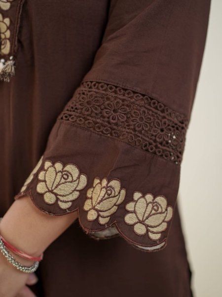 Regal Brown Cotton Kurti with Pant and Dupatta for Everyday Ethnic Wear Cotton Kurtis Wholesale