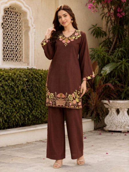 Bohemian Brown Designer Rayon Cord Set with Heavy Embroidery Work and Palazzo Kurtis