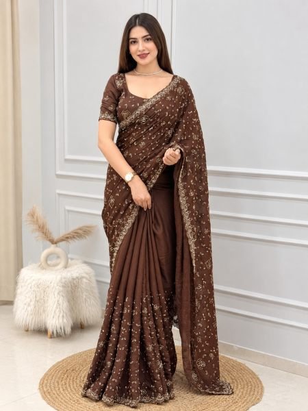 Bohemian Brown Fendy Satin Saree with Heavy Beads and Sequin Work for Wedding 
