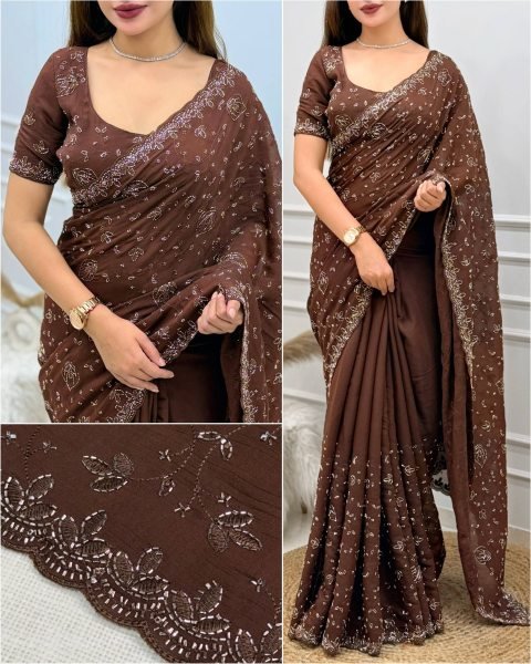 Bohemian Brown Fendy Satin Saree with Heavy Beads and Sequin Work for Wedding Embroidery Sarees Wholesale