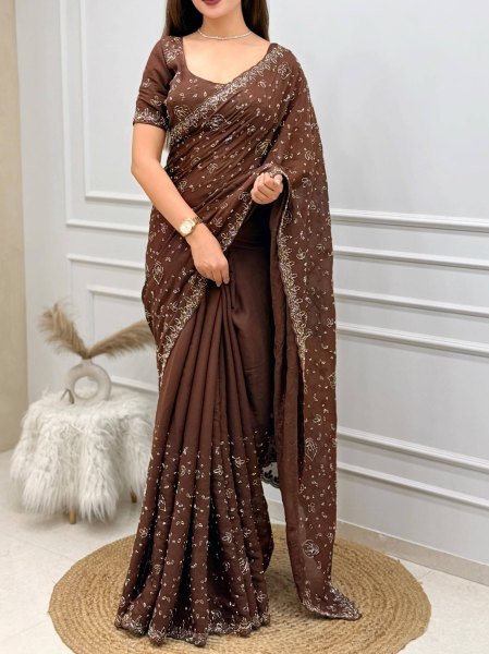 Bohemian Brown Fendy Satin Saree with Heavy Beads and Sequin Work for Wedding Embroidery Sarees Wholesale