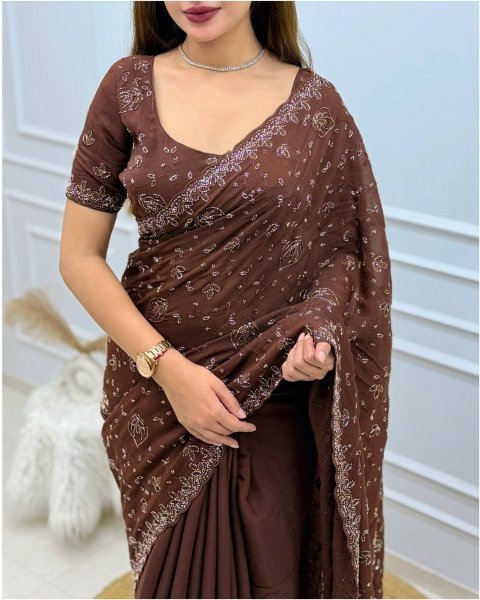 Bohemian Brown Fendy Satin Saree with Heavy Beads and Sequin Work for Wedding Embroidery Sarees Wholesale