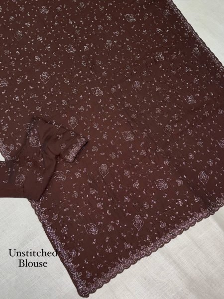 Bohemian Brown Fendy Satin Saree with Heavy Beads and Sequin Work for Wedding Embroidery Sarees Wholesale