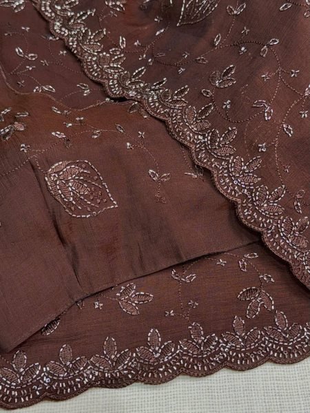 Bohemian Brown Fendy Satin Saree with Heavy Beads and Sequin Work for Wedding Embroidery Sarees Wholesale