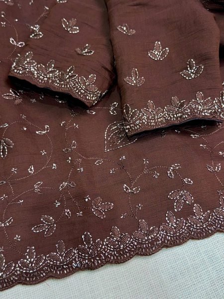 Bohemian Brown Fendy Satin Saree with Heavy Beads and Sequin Work for Wedding Embroidery Sarees Wholesale