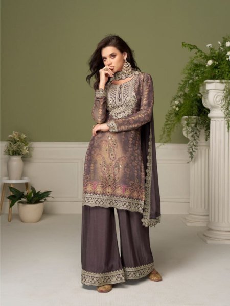 Bohemian Coffee Designer Chinon Silk Kurta Palazzo Dupatta Set with Digital Print 