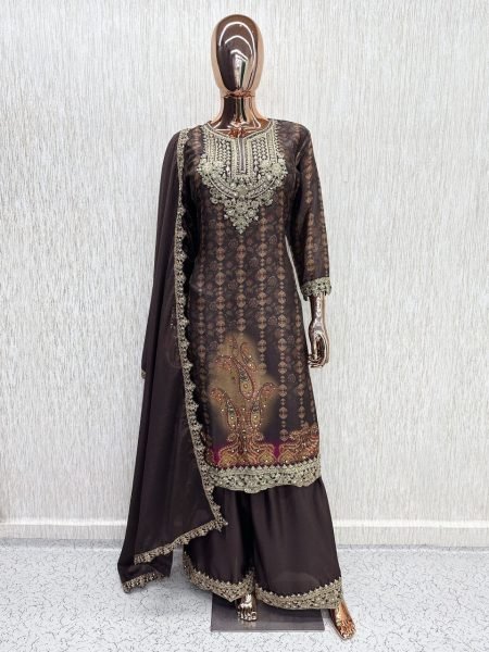 Bohemian Coffee Designer Chinon Silk Kurta Palazzo Dupatta Set with Digital Print Designer Plazzo Salwar Suits Wholesale