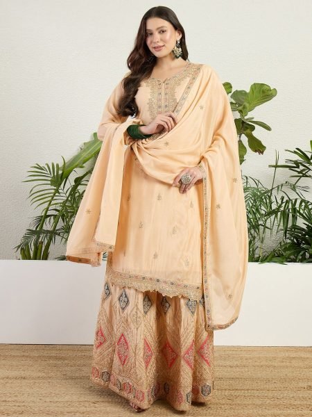 Bohemian Cream Chinon Embroidered Lehenga Suit with Matching Dupatta Salwar Kameez