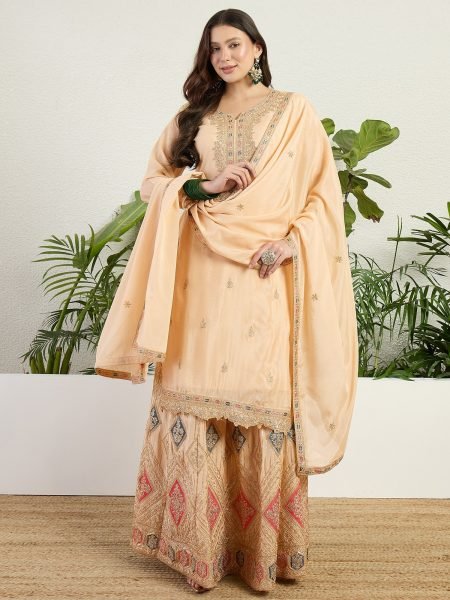 Bohemian Cream Chinon Embroidered Lehenga Suit with Matching Dupatta Embroidery Suits Wholesale
