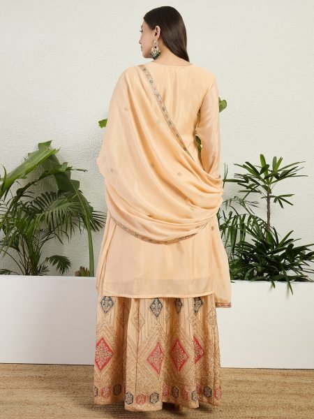 Bohemian Cream Chinon Embroidered Lehenga Suit with Matching Dupatta Embroidery Suits Wholesale