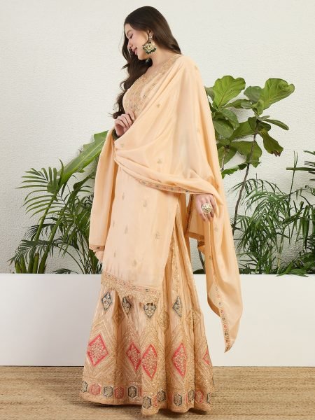 Bohemian Cream Chinon Embroidered Lehenga Suit with Matching Dupatta Embroidery Suits Wholesale