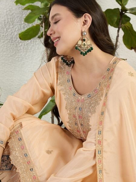 Bohemian Cream Chinon Embroidered Lehenga Suit with Matching Dupatta Embroidery Suits Wholesale