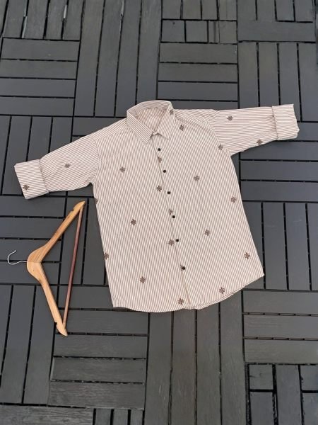 Bohemian Cream Exclusive Striped Cotton Shirt with Floral and Star Embroidery for Daily Wear 