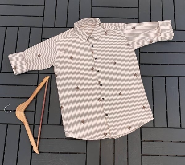 Bohemian Cream Exclusive Striped Cotton Shirt with Floral and Star Embroidery for Daily Wear Mens Shirt