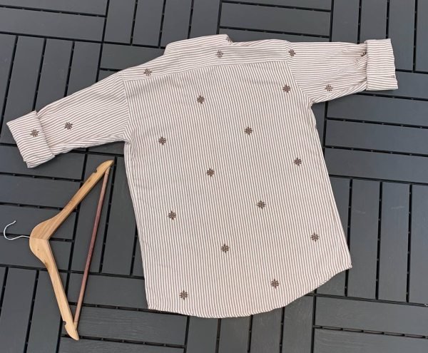 Bohemian Cream Exclusive Striped Cotton Shirt with Floral and Star Embroidery for Daily Wear Mens Shirt