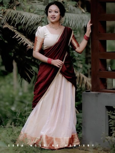 Bohemian Cream Onam Festival Jacquard Lehenga Choli with Chik Golden Patti Design  Lehenga