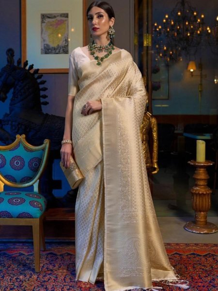 Bohemian Cream Soft Lichi Silk Saree with All Over Jacquard Weaving Work For Wedding 